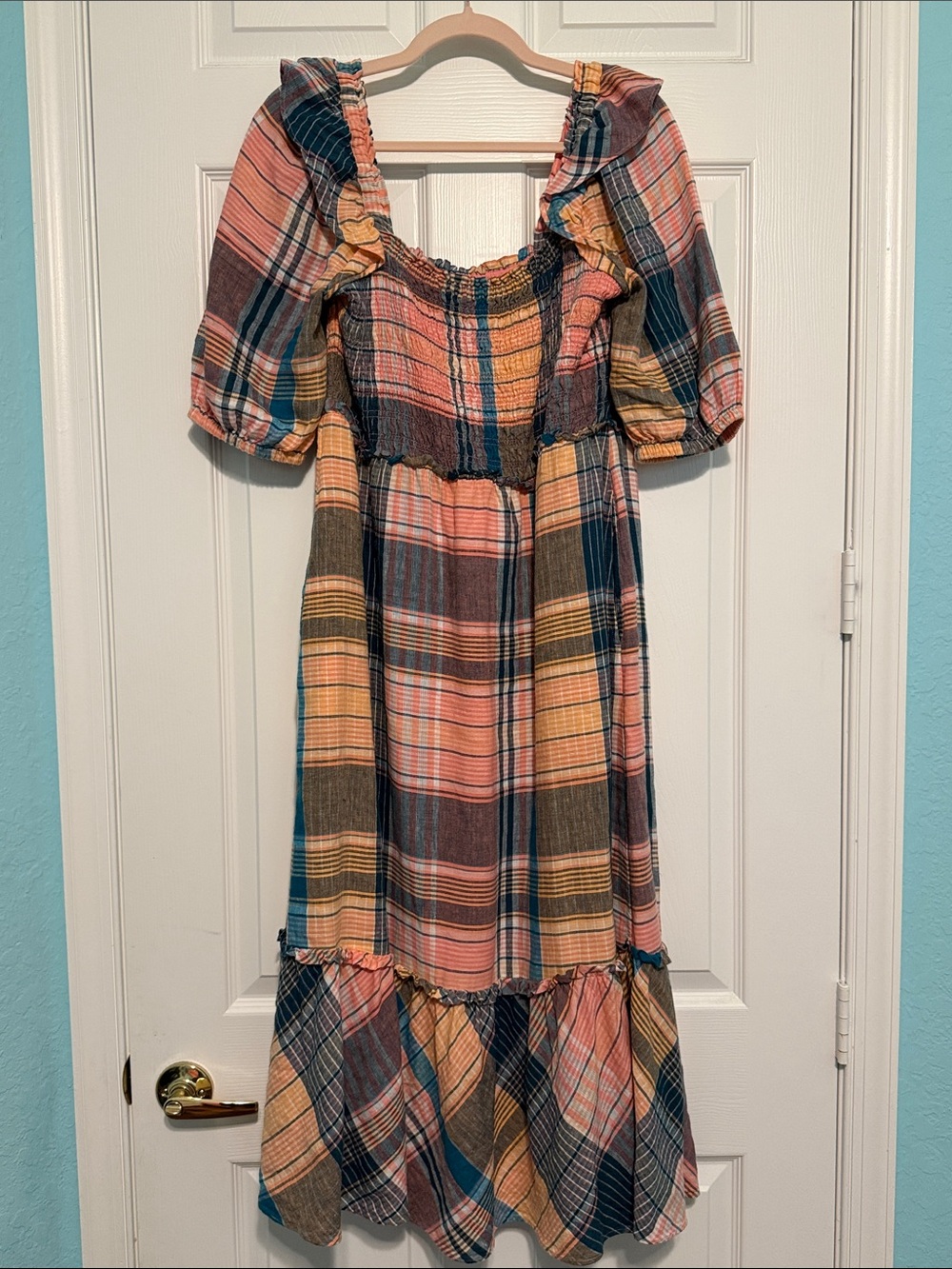 Vineyard Vines Peach, Mustard & Navy Plaid Ruffle Dress